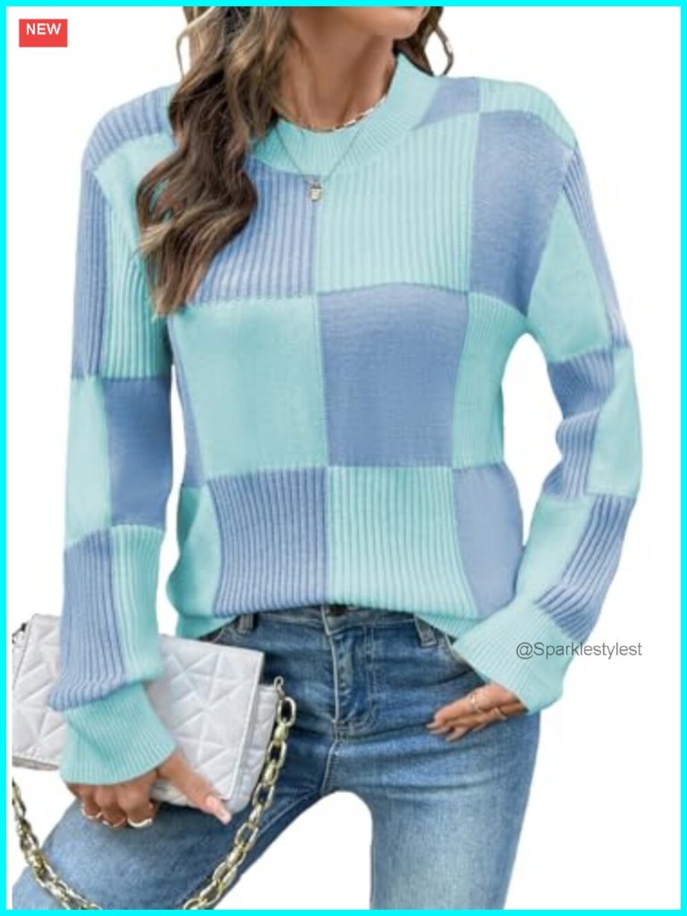 Women's Crewneck Long Sleeve Color Block Knit Pullover Sweater